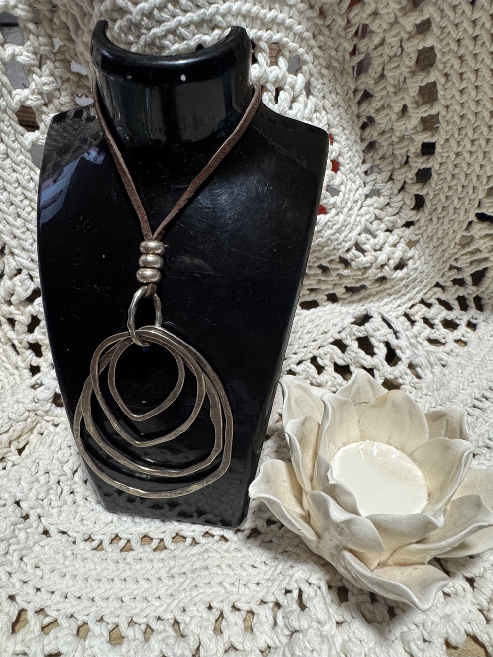 Boho Silver-Tone Multi-Ring Pendant Necklace on Brown Cord
